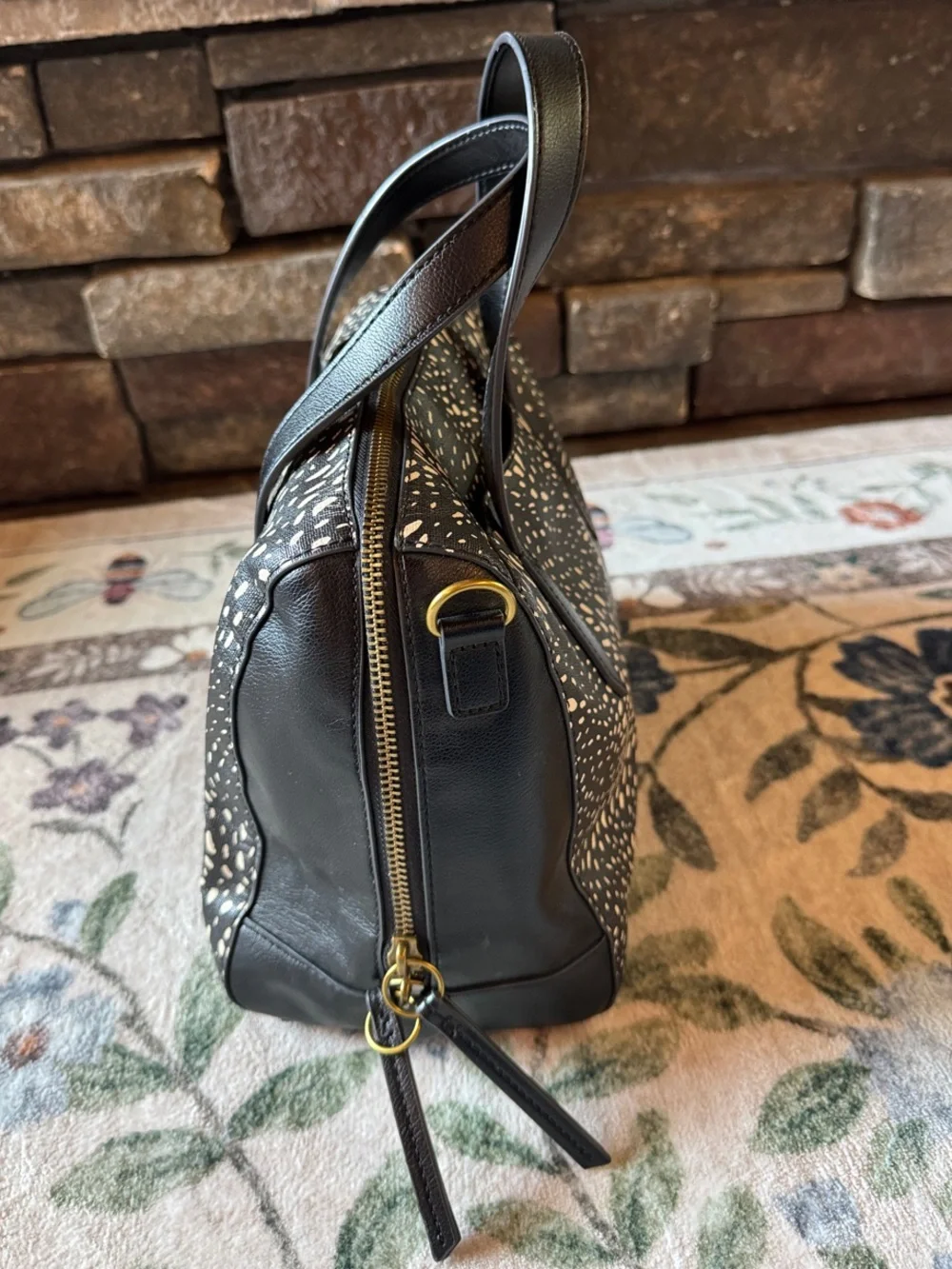 Fossil Black Satchel with Cream Speckle Print